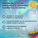 Ante la tragedia que enluta a nuestra nación Querida familia de la Comunidad de Vida Cristiana, CVX: A un mes del doblete sísmico, expresamos nuestra solidaridad con todas las personas afectadas por esta tragedia. Los miembros de la CVX en Venezuela resultamos ilesos y nos integramos a las redes eclesiales de apoyo, especialmente las lideradas por la Compañía de Jesús, para llevar alivio y esperanza. A todos expresamos nuestro agradecimiento. Especial gratitud a la CVX en Latinoamérica y el mundo por su cercanía, oraciones y la generosa disposición para enviar ayuda material, testimonio de unidad fraterna que nos llena de esperanza y compromiso. La tragedia evidenció vulnerabilidades en nuestro cuerpo apostólico: riesgos de seguridad habitacional, situaciones de movilidad reducida y otras necesidades apremiantes. Para atenderles organizamos la colecta “Abrazo que nos reconstruye”. Estamos comprometidos a brindar acompañamiento psicoespiritual y socorro material. Buscamos también fortalecer la unión y resiliencia comunitaria, movidos por el deseo de “en todo amar y servir”, ante el proceso de reconstrucción nacional integral que nos desafía. Son bienvenidas sus oraciones. Avanzamos, fieles a nuestro carisma, bajo el manto de María de Coromoto y afianzados en Cristo, nuestra piedra angular. AMGD Jeanette Rincón Morales, Coordinadora Nacional, y demás miembros del CEN CVX-CLC en Venezuela